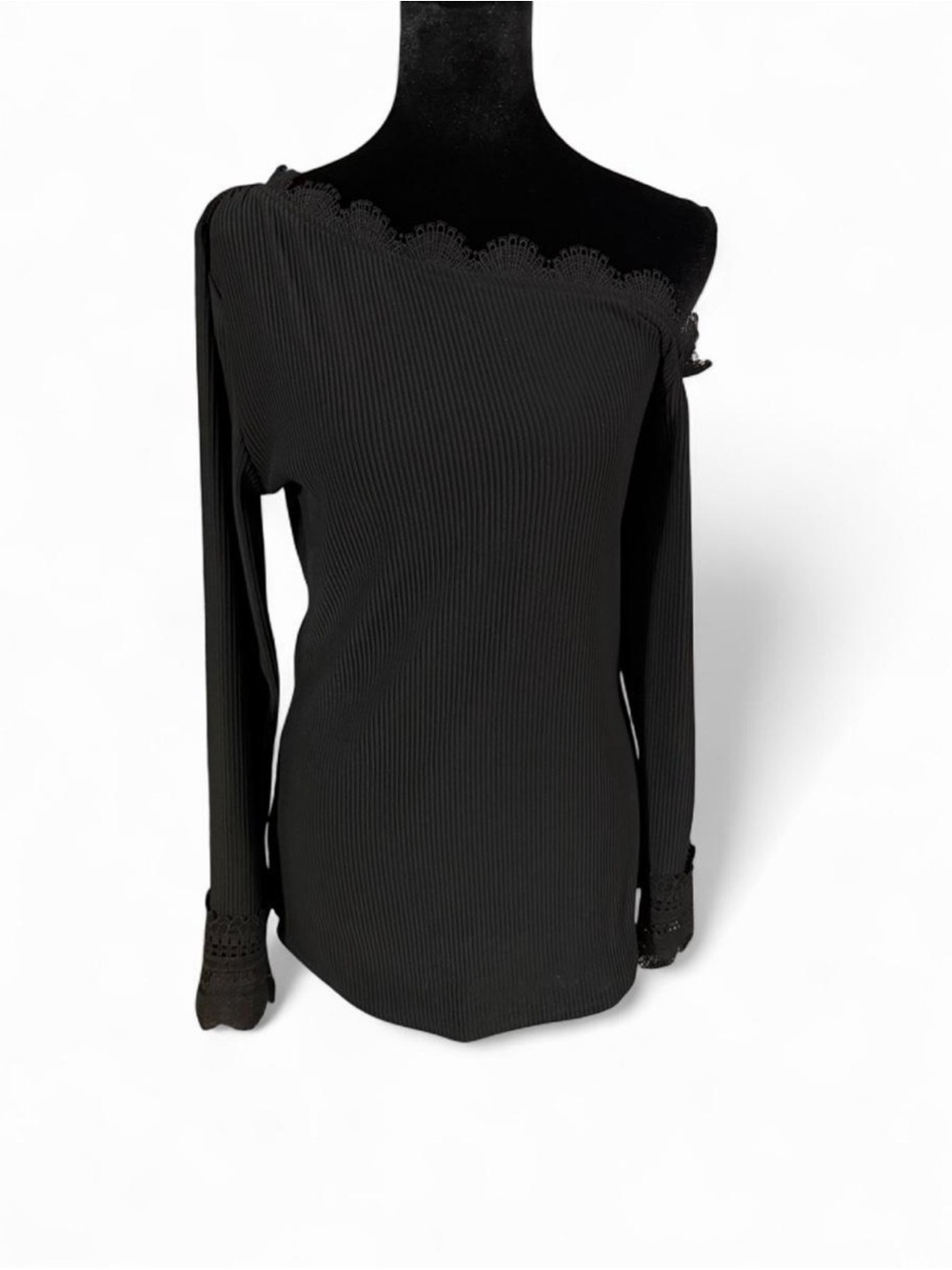 SHEIN Black Ribbed Off Shoulder Lace Trim Top Long Sleeve Fitted Blouse Size M - Picture 2 of 6